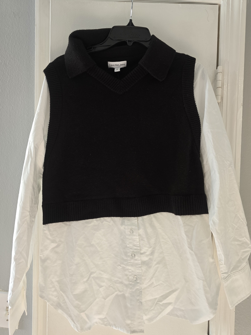 Calvin Klein Jeans Black Knit Sweater Vest Over White Button Shirt